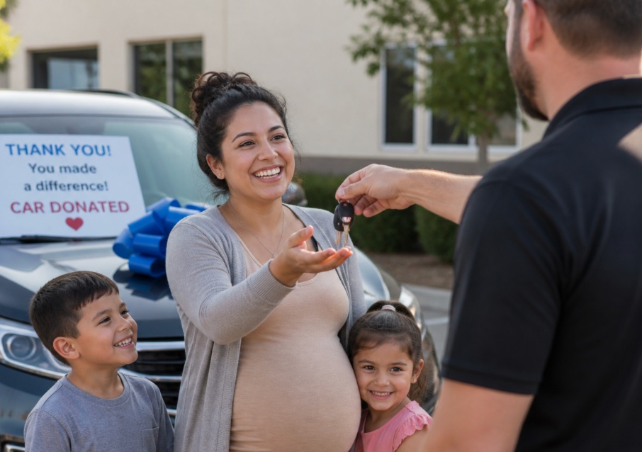 A pregnant mother and her two children joyfully receiving donated car keys